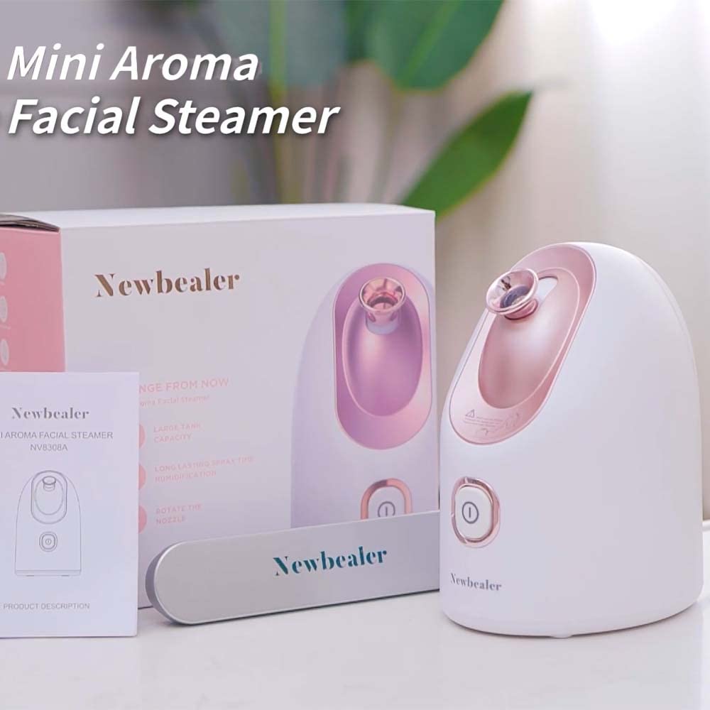 Newbealer Mini Aroma Face Steamer, 160ml Nano Ionic Hot Mist Facial Humidifier Atomizer, Home Sauna Spa Sprayer Moisturizing Cleansing Pores, 9 Pieces Acne Remover Kit Included, Pink-Gold - Image 9